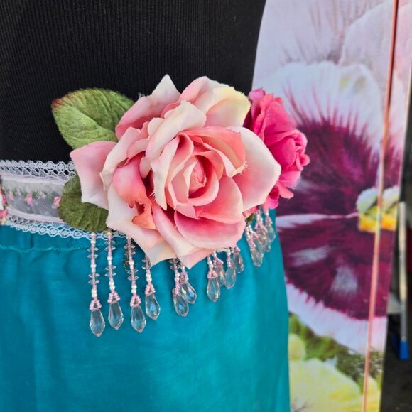 Ethereal Romance | Pink | Sash | Vintage Millinery Roses and Beaded Fringe Belt - Picture 2 of 8
